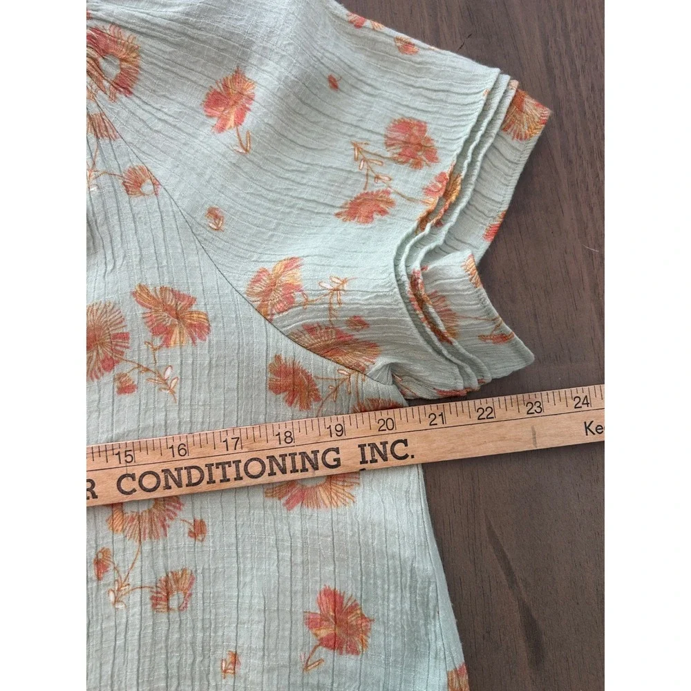 Wonderly Sage Green Floral Gauze Henley Blouse Short Flutter Sleeve Petite Large